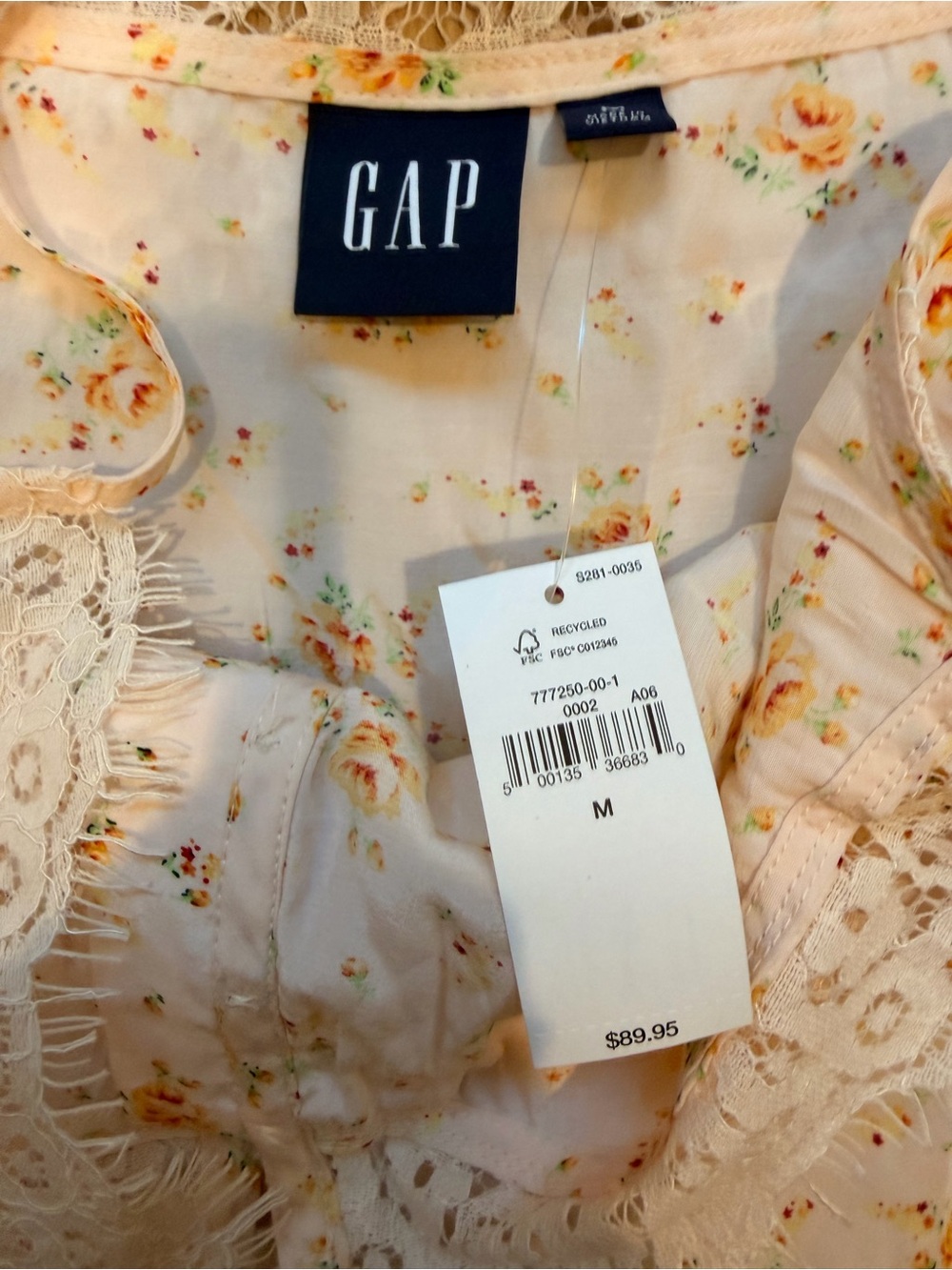 GAP Floral Lace Trim Maxi Dress Cottagecore Prairie Slip Dress Cream Yellow NWT - Picture 2 of 3